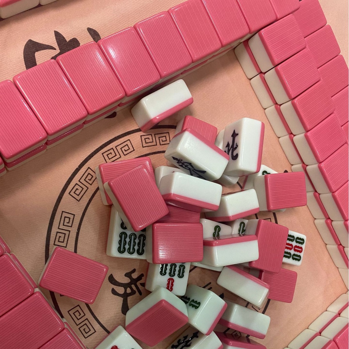 Chinese mahjong tiles, rose red back